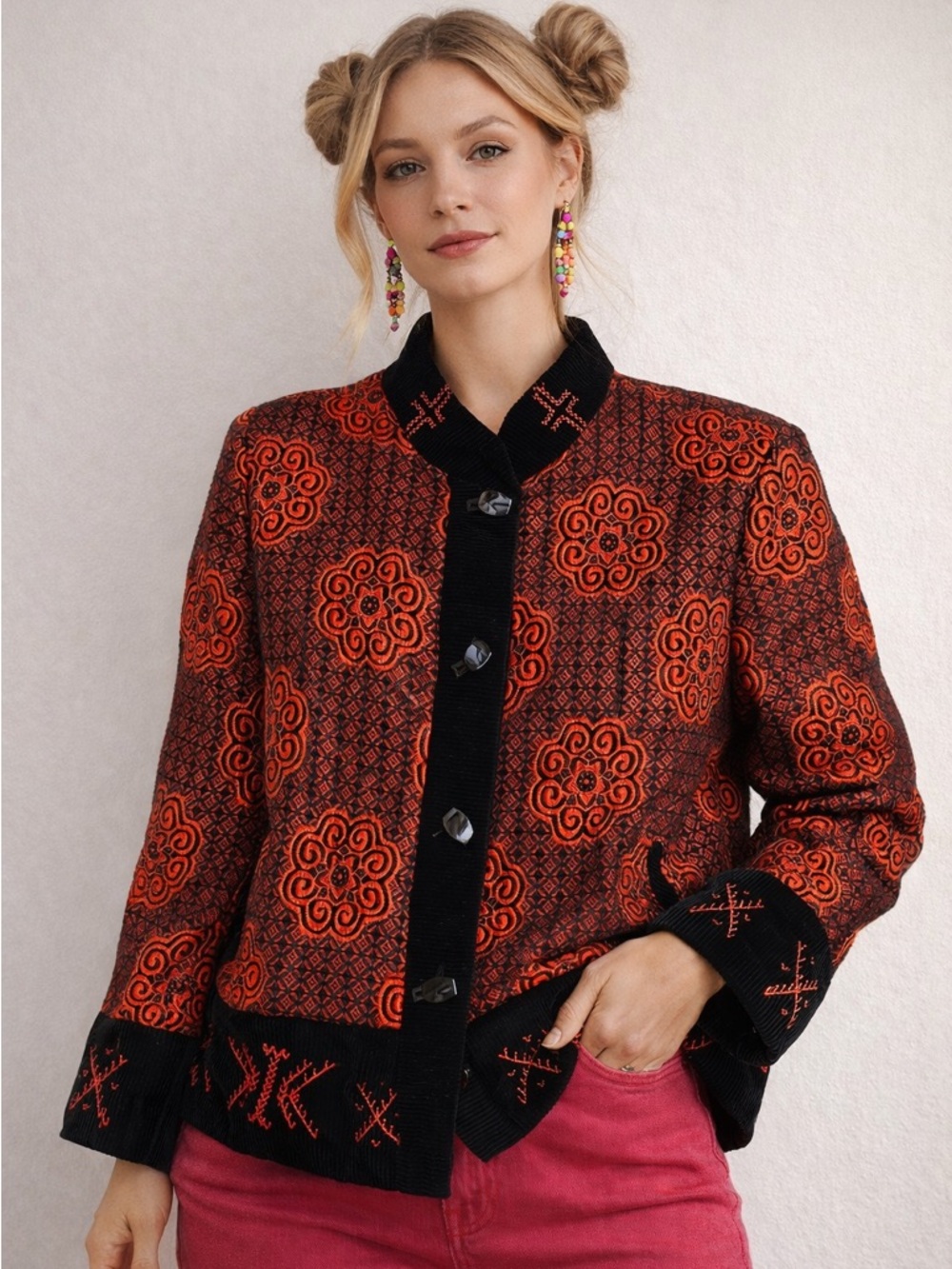 Vintage jacket embroidered patterns statement asian inspired jacquard pattern
